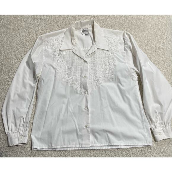 Leslie Fay Women's Size 12 Long Sleeve Embroidered Buttons Up Collared Top White - Picture 1 of 10